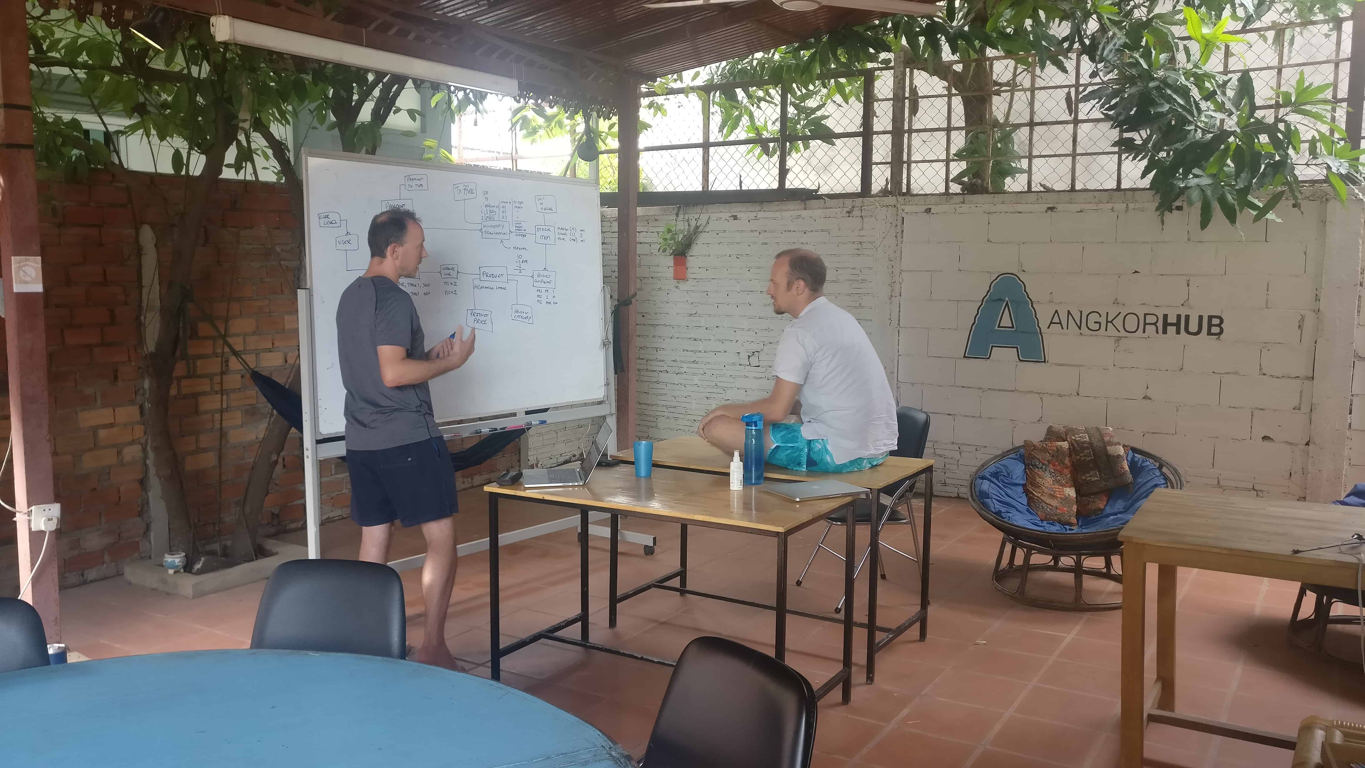 Whiteboard session at AngkorHUB outdoor workspace